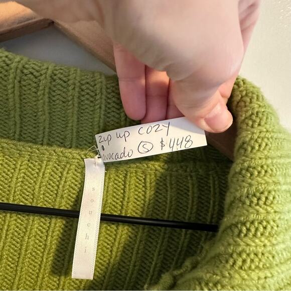 NWT Tuckernuck Souchi Avocado Green Ribbed Wool Cashmere Sweater Zip Small - Picture 13 of 14